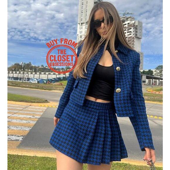 ZARA Blogger Fave Blue Houndstooth Blazer & Skort Co-Ord Set NWT - Picture 7 of 16